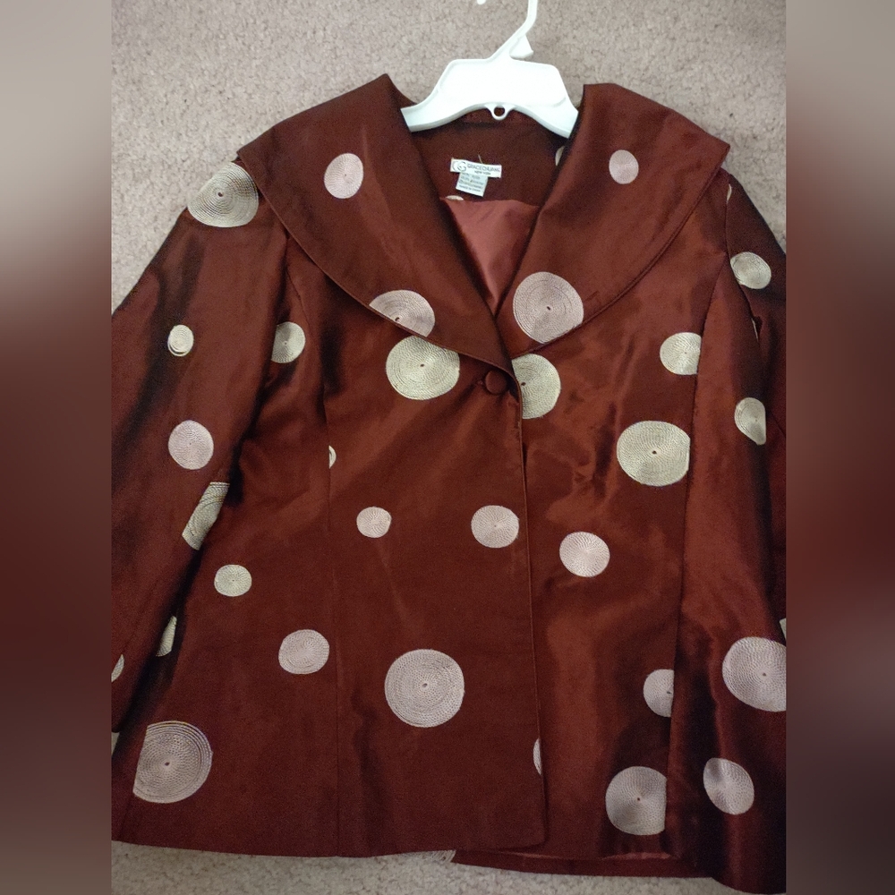 Grace Chuang Red Jacket. Embroidered Geometric Circles